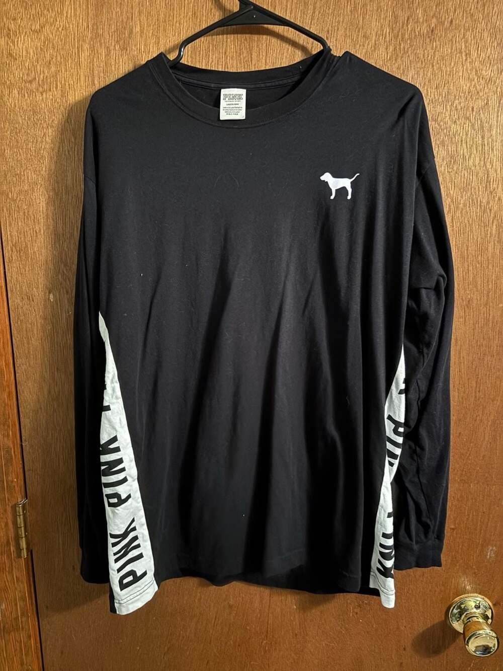 PINK Vintage Black Long Sleeve T-Shirt with White Dog Logo and Arm Print Size L